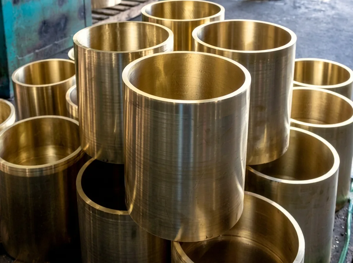 Buchas de bronze usinadas alinhadas sobre bancada de oficina