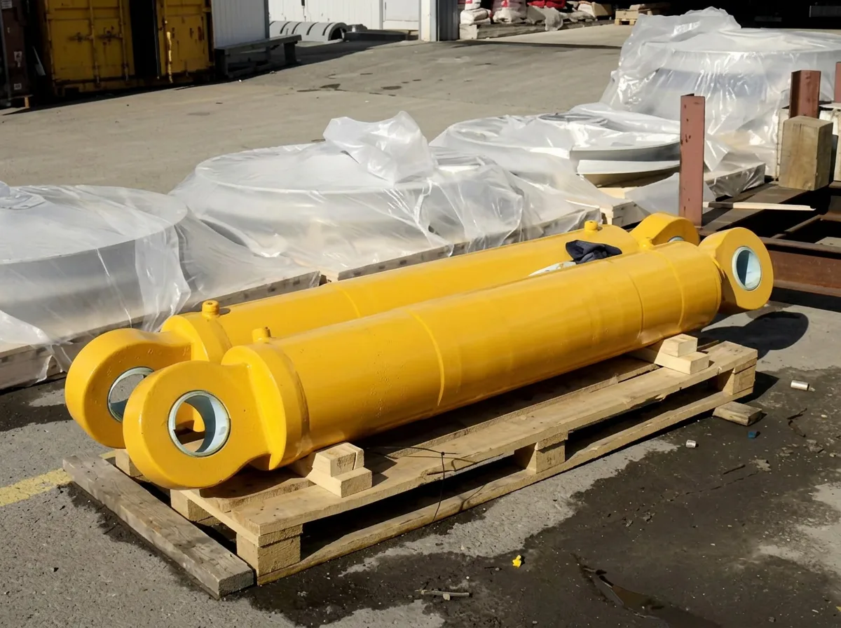 Cilindro hidráulico amarelo fabricado pela RB, apoiado em cavalete de oficina