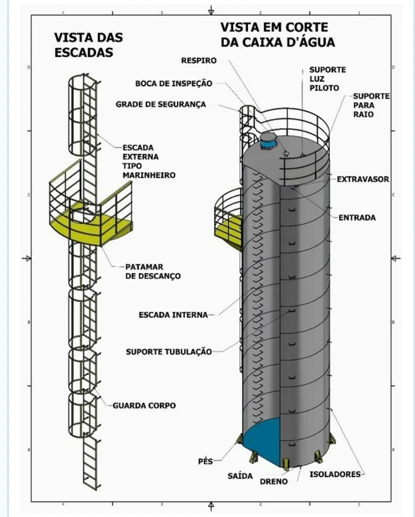 Desenho técnico em corte de caixa d'água com escadas, guarda-corpo, boca de inspeção e extravasor identificados